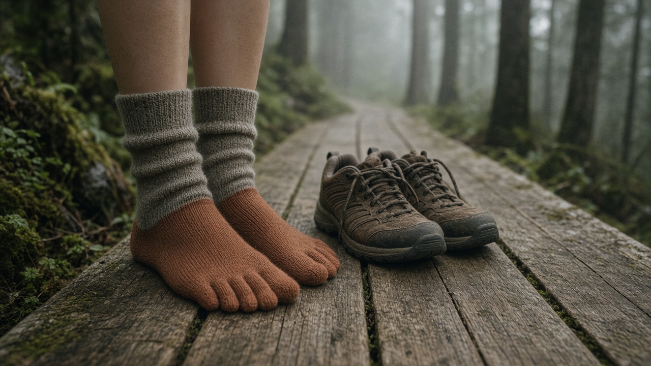 Rust and stone toe socks on a wooden boardwalk, shoes set beside them