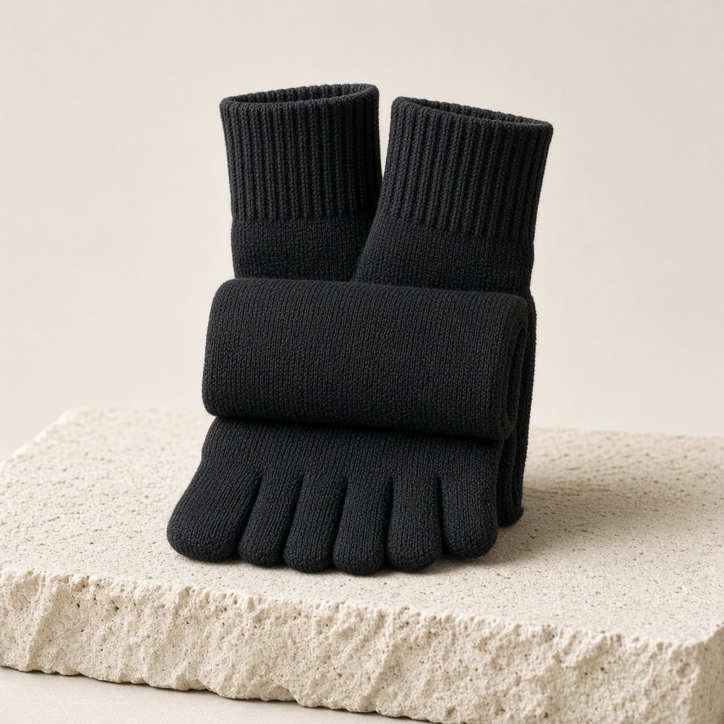 Black merino crew toe socks folded on limestone