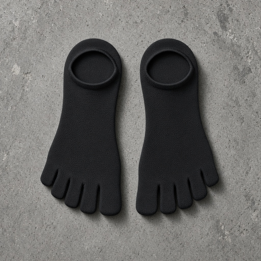 Black no-show toe socks laid on concrete